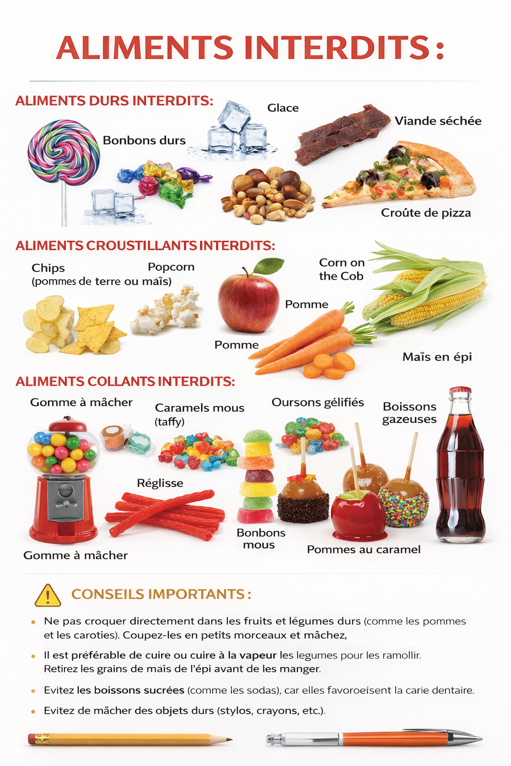 Tableau des aliments interdits pendant le traitement orthodontique - durs, croustillants, collants