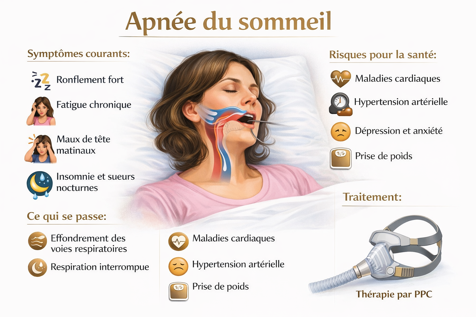 Infographie apnée du sommeil - symptômes, risques et traitement