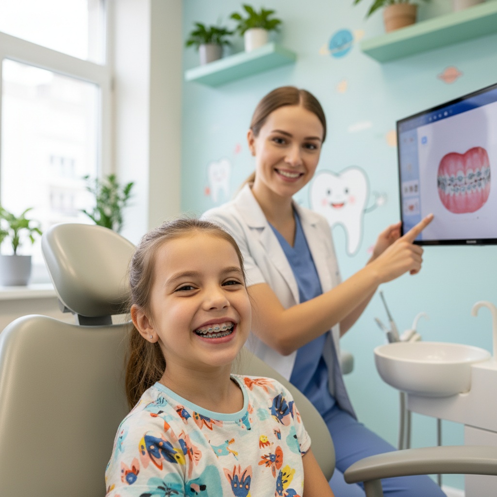 Smiling child with orthodontic appliance